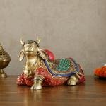 Brass Nandi Statue with Stonework | 15" x 6.5" x 8.5" | 9 kg | Stone Inlay Art | Traditional Hindu Temple Bull Sculpture | Sacred Decor | Jaipurio